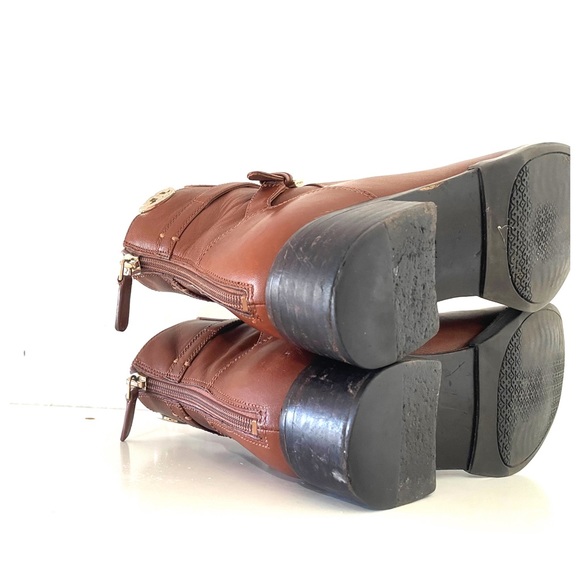 Tory Burch Sidney Low Heel Leather Ankle Bootie in Penny Brown Golden Logo Boots - Picture 10 of 13